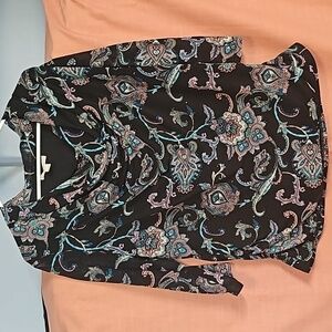Black and pastel paisley top with cowl neck and side ruching